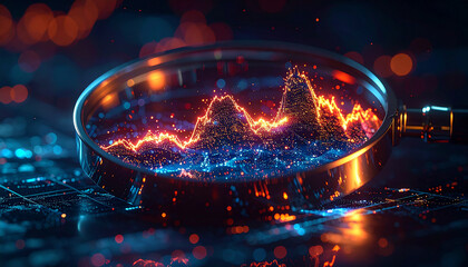 Magnifying Market Insights: A close-up view through a magnifying glass reveals a dynamic graph charting market trends, highlighting data analysis and financial performance.