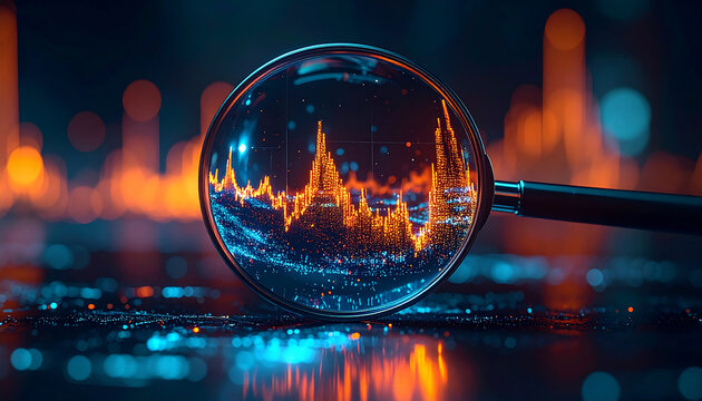 Data Scrutiny: A magnifying glass hovers over a vibrant graph, highlighting the intricacies of financial data and digital transformation. It is a visual of in-depth analysis and economic trends. - Powered by Adobe