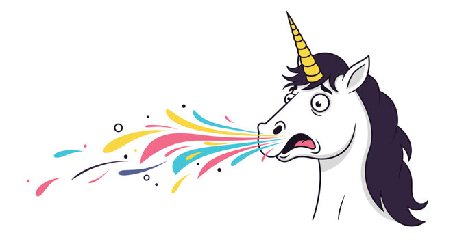 Hilarious illustration of a white unicorn with a golden horn vomiting a vibrant rainbow against a clean white background.