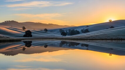 Tranquil landscape with calm water and gentle hills