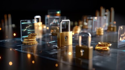 Digital finance security concept with locks, coins, and stock market charts in a futuristic environment