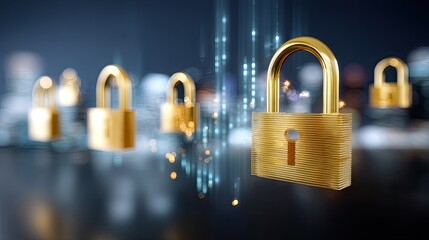 Golden Padlocks with Digital Data Streams Representing Cyber Security and Data Protection in a Modern Virtual Environment