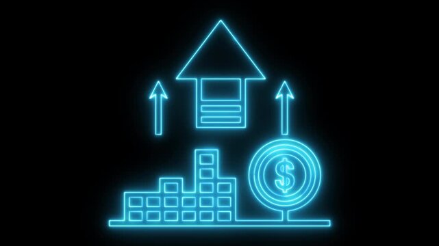 2d abstract technology background, neon illustration featuring a modern real estate house icon and residential building symbols for a business web homepage design concept, 4k animation video