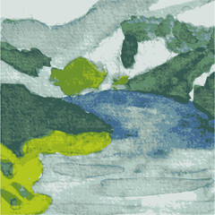 A vector image of an idyll at the Geirangerfjord in Norway. The original is a hand-painted water color painting.