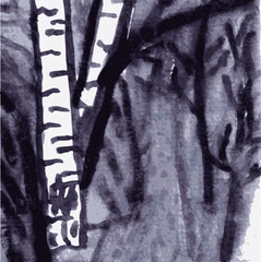 A vector image of a birch winter forest. The original is a hand-painted watercolor painting.