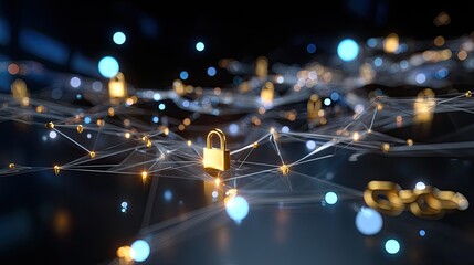 Digital network security concept with glowing padlocks and interconnected nodes on dark background