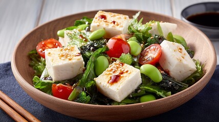 salad with Japanese tofu and edamame