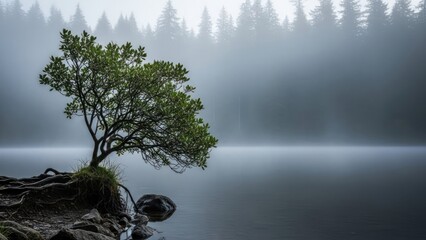 Tree beside lake with foggy forest background