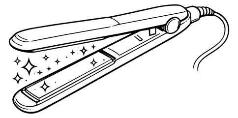 Hand drawn line art illustration of a hair straightener depicting effective performance for personal care and beauty