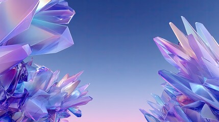 Abstract Crystal Landscape with Colorful Geometric Forms and Gradient Sky at Dawn