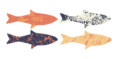 Abstract fish silhouettes with grunge textures and organic shapes in flat vector