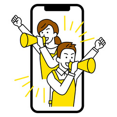 エプロン姿の男女が応援するスマホの広告