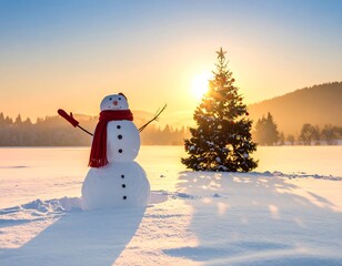 Obraz premium Sunny winter scene featuring snowman and decorated tree