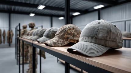 Military caps displayed on wooden shelves in a modern facility, showcasing various camouflage patterns and textures, representing military apparel and identity