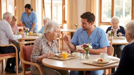 Caregivers Assisting Elderly Residents During Mealtime in a Nursing Home