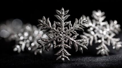Symmetrical silver snowflake ornaments arranged against matte black background metallic surface reflects sharply with shadows providing dimensional balance