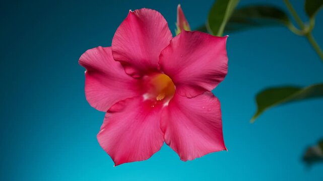 Pink Dipladenia Flower Blooming Against Blue Background, Close Up