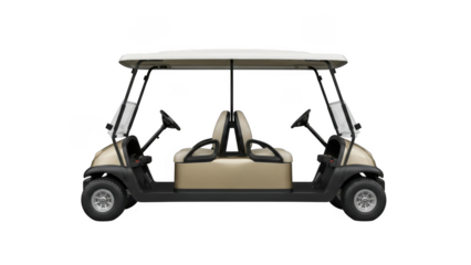 Beige and black six-seater golf cart with white roof isolated on transparent background