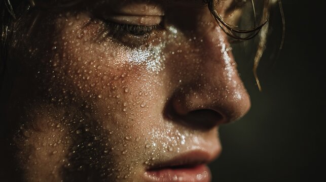 A close-up portrait of a sweaty woman after an intense workout or exercise routine
