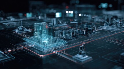 Futuristic Digital Cityscape with Transparent Buildings and Circuit Elements in a High-Tech Environment