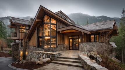 Striking mountain chalet with timber and stone exterior large triangular windows reflecting surrounding peaks sloped rooflines adding depth