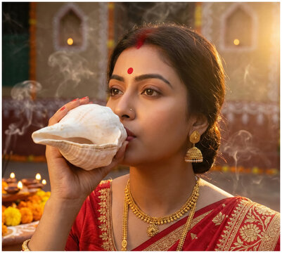 Indian woman in a red saree blowing a conch shell during a religious ritual with smoke religion