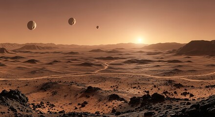 An expansive, desolate landscape under a setting sun. Three celestial bodies hang in the burnt orange sky, over a rugged terrain