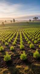 An expansive field is populated with rows of verdant saplings, bathed in the soft glow of a hazy sunrise. Distant trees add perspective