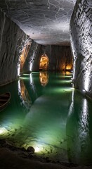 An expansive, man-made underground lake with clear green water, lit by artificial lights, reflecting off the walls. A small boat rests