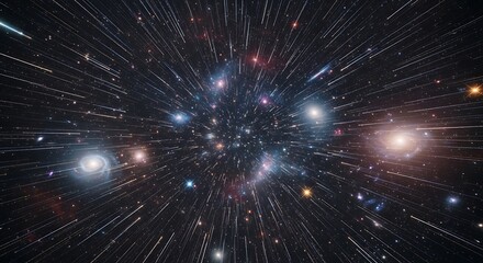 An expansive perspective of numerous galaxies and radiant stars, seemingly speeding through space, converging at a central point