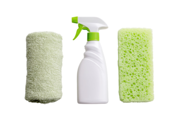 Cleaning Tools Trio: An assortment of cleaning tools, a folded cloth, spray bottle, and sponge stand in a vibrant display, ready to restore freshness and cleanliness.