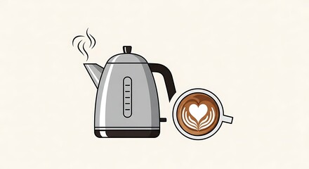 An illustration depicting a steaming kettle next to a cup of coffee art, showcasing a heart design