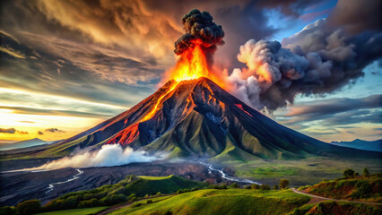 Erupting volcano with lava and smoke in a scenic landscape