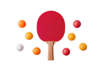 Table Tennis Essentials: A vibrant tableau of table tennis equipment, featuring a red racket and a constellation of ping pong balls, ready for action.