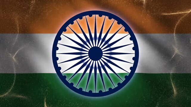 Close-up of the Indian flag with a wheel emblem on a distressed background with orange, white, and green colors.