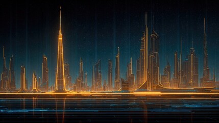 Futuristic Cityscape at Night with Neon Lights and Skyscrapers in a Dystopian Setting