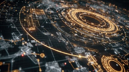 Futuristic Digital Circuit Board Design with Glowing Elements and Abstract Patterns for Technology Background