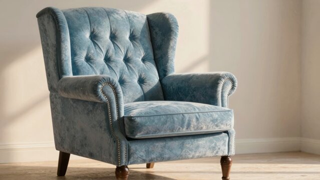 Blue velvet armchair with tufting in sunlit room