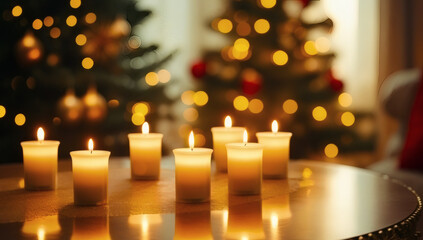 Glowing Christmas candles with burning wax flames create a festive holiday light on a red background and church tables during a romantic night of advent celebration