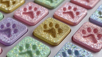 A close-up of colorful, glittery square tiles featuring embossed paw prints in various pastel shades, arranged in a grid pattern, pink gadgets with space for text
