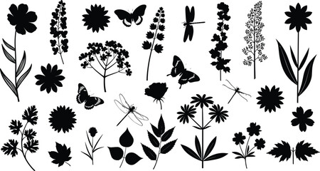 Set of black nature silhouettes featuring butterflies, dragonflies and wild flowers, summer garden insect collection, cad drawing flat vector illustration © Momotaj