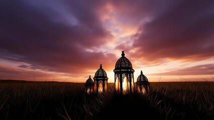Silhouette of Islamic lanterns against a dramatic sunset sky.