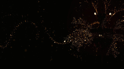 A magic explosion of gold particle fireworks splashes across the black night space in a bright celebration of light and stars for a holiday design