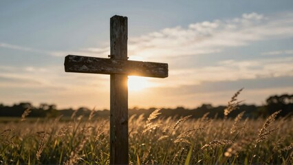 Wooden cross in field at sunset