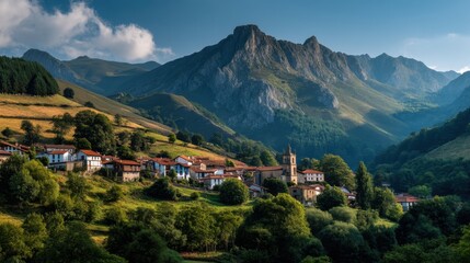 Obraz premium Charming village with majestic mountain backdrop in serene countryside.