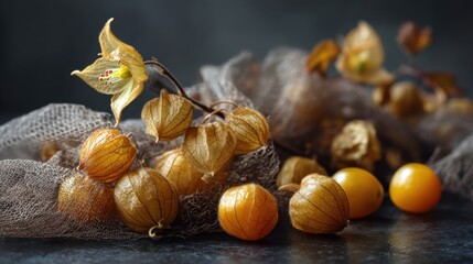 Fresh physalis fruits with husk on rustic table.