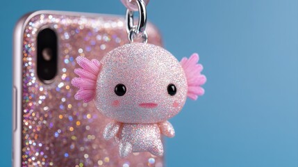 A cute, glittery pink axolotl charm dangles from a sparkly pink phone case, set against a calm blue background, pink gadgets with space for text