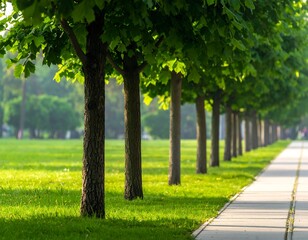 Obraz premium Sunny landscape showcasing a line of trees along a paved walkway