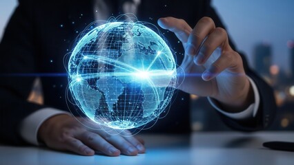 Closeup Businessman Hand holding virtual globe with network lines, representing international business expansion, globalization, and cross-border connectivity
