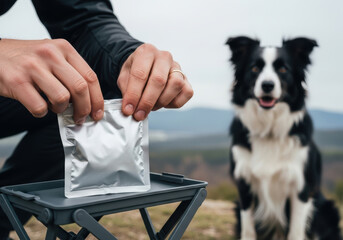 Person opening silver foil pouch outdoors on portable camping table with attentive border collie dog waiting in background during mountain hike